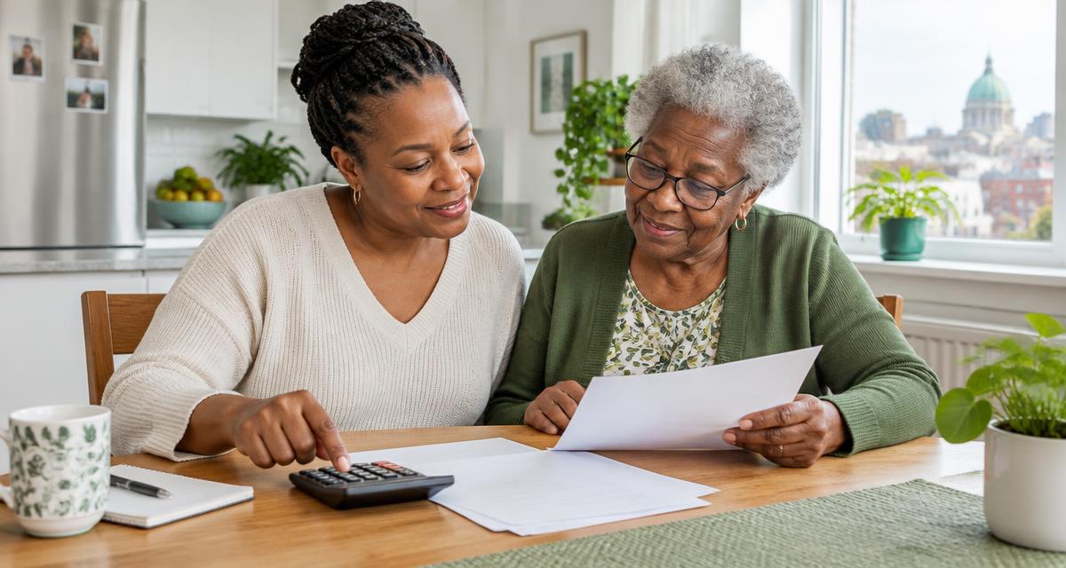 Une proche aidante et sa mère consultent des documents et une calculatrice à la maison