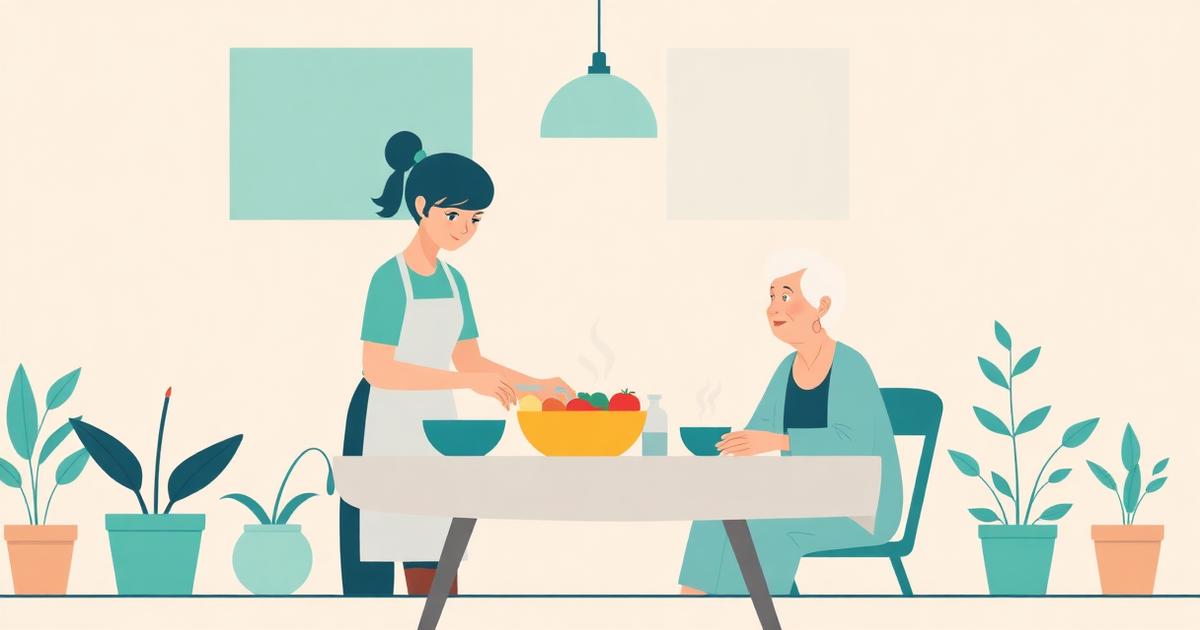 Illustration d'une aide à domicile préparant un repas avec une dame âgée