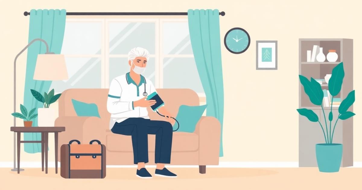 Illustration d'un infirmier prenant la tension d'un homme âgé à domicile