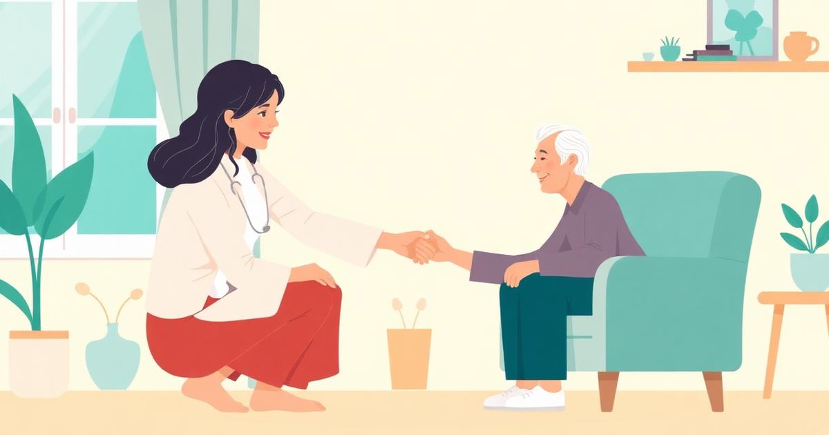 Illustration d'une aidante tenant la main d'un aîné à domicile