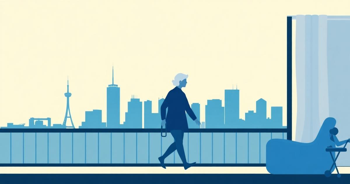 Illustration d'un préposé aidant une dame âgée à marcher, silhouette de Montréal