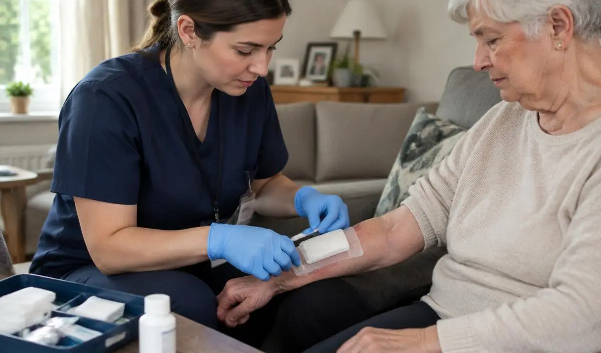 Infirmière changeant un pansement au bras d'une aînée à domicile